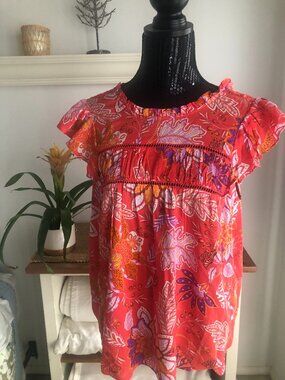 Rose and Olive top flutter sleeve orange print Size LARGE NWT